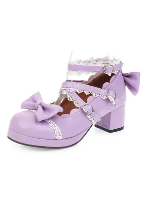 Sweet Lolita Footwear Pink Bow Ruffles Round Toe PU Leather Lolita Shoes