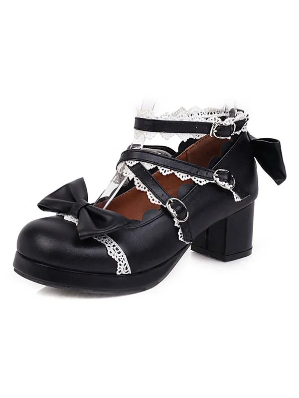 Sweet Lolita Footwear Pink Bow Ruffles Round Toe PU Leather Lolita Shoes