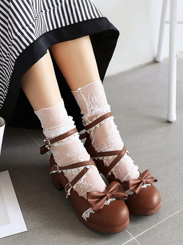 Sweet Lolita Footwear Pink Bow Ruffles Round Toe PU Leather Lolita Shoes