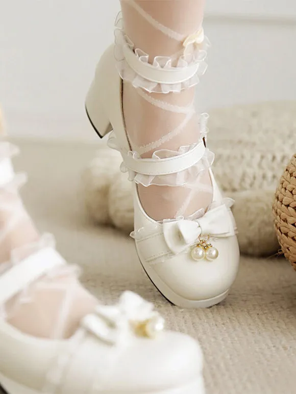 Sweet Lolita Footwear Pink Bows Round Toe PU Leather Lolita Pumps