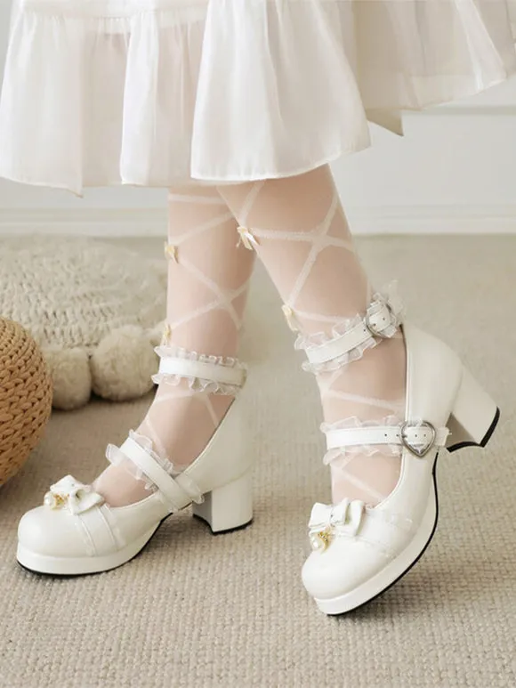 Sweet Lolita Footwear Pink Bows Round Toe PU Leather Lolita Pumps