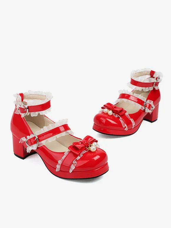 Sweet Lolita Footwear Pink Bows Round Toe PU Leather Lolita Pumps