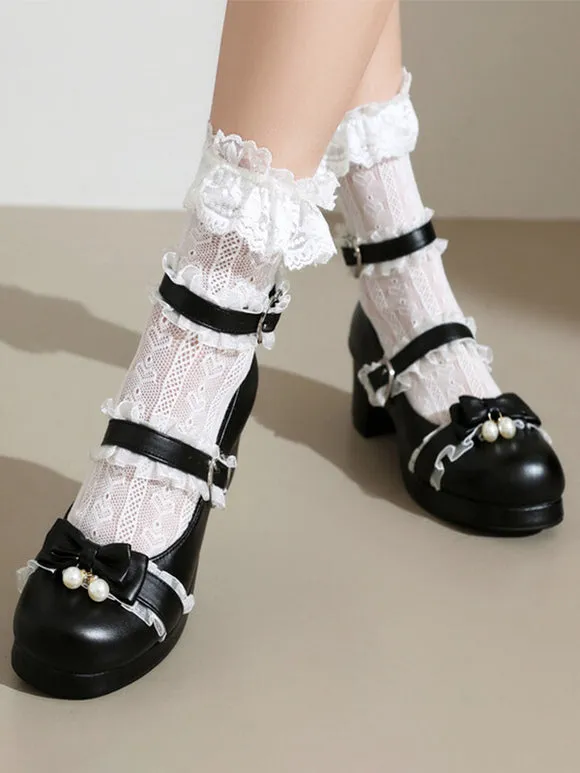 Sweet Lolita Footwear Pink Bows Round Toe PU Leather Lolita Pumps