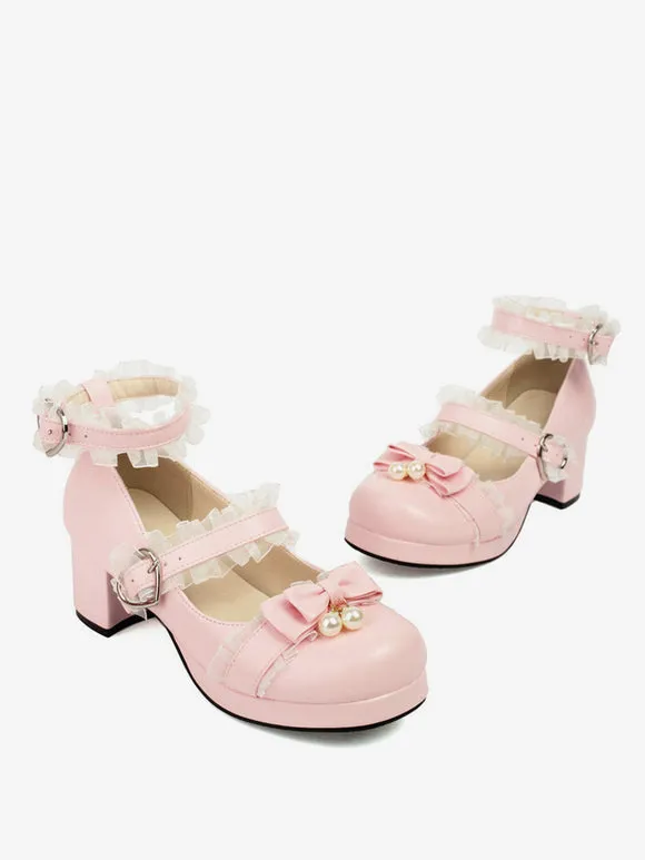 Sweet Lolita Footwear Pink Bows Round Toe PU Leather Lolita Pumps