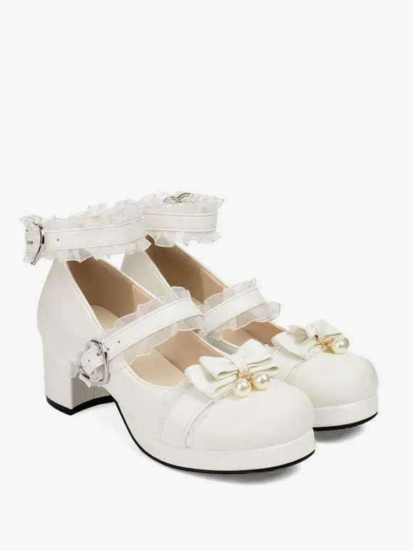 Sweet Lolita Footwear Pink Bows Round Toe PU Leather Lolita Pumps