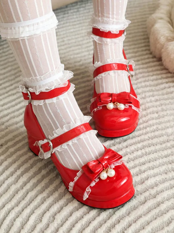 Sweet Lolita Footwear Pink Bows Round Toe PU Leather Lolita Pumps
