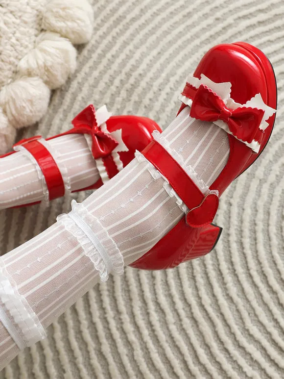 Sweet Lolita Footwear Pink Ruffles Bows Round Toe PU Leather Lolita Pumps