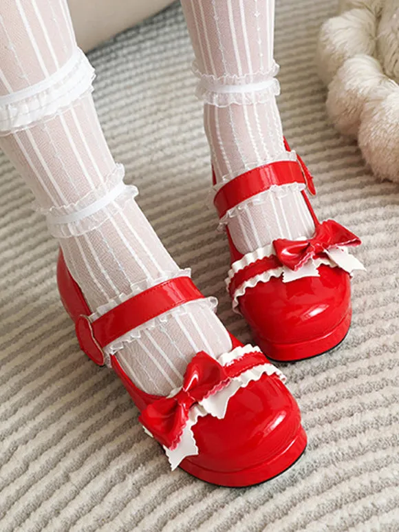 Sweet Lolita Footwear Pink Ruffles Bows Round Toe PU Leather Lolita Pumps
