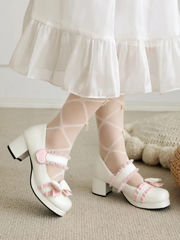 Sweet Lolita Footwear Pink Ruffles Bows Round Toe PU Leather Lolita Pumps