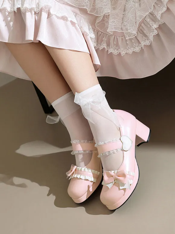 Sweet Lolita Footwear Pink Ruffles Bows Round Toe PU Leather Lolita Pumps