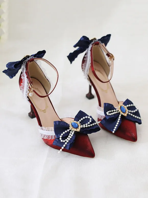 Sweet Lolita Heels Deep Blue Bow Lace Rhinestones Pointed Toe Nubuck Lolita Ankle Strap Heels