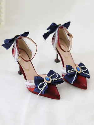 Sweet Lolita Heels Deep Blue Bow Lace Rhinestones Pointed Toe Nubuck Lolita Ankle Strap Heels