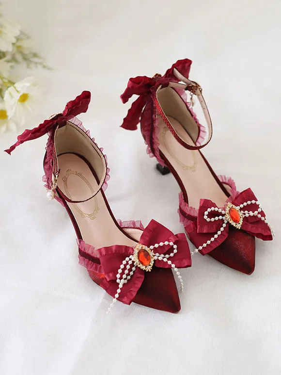 Sweet Lolita Heels Deep Blue Bow Lace Rhinestones Pointed Toe Nubuck Lolita Ankle Strap Heels