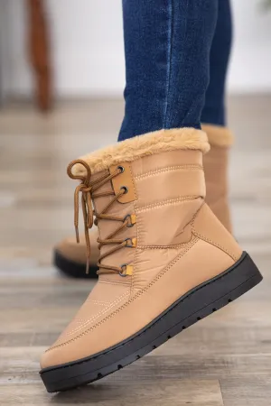 Tan Faux Fur Trim Snow Boots