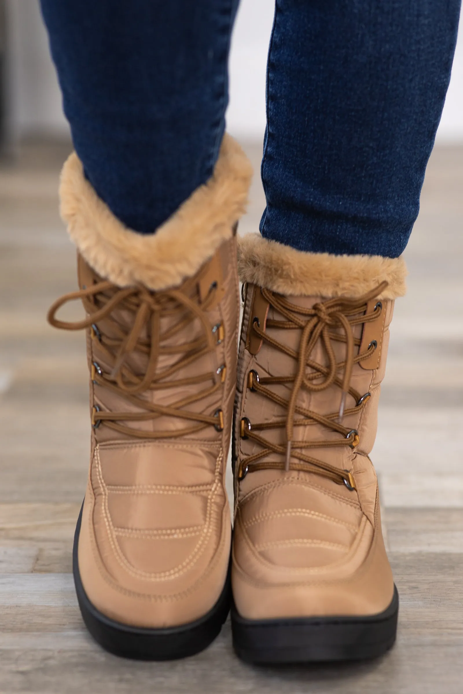 Tan Faux Fur Trim Snow Boots