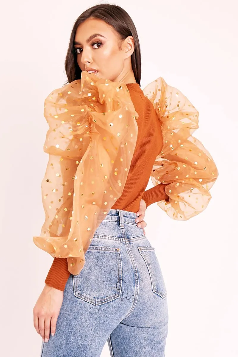 Tan Gold Polka Extreme Puff Mesh Sleeve Top - Daisey