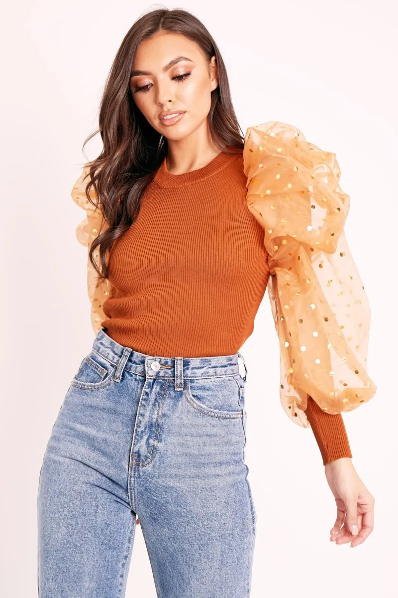 Tan Gold Polka Extreme Puff Mesh Sleeve Top - Daisey