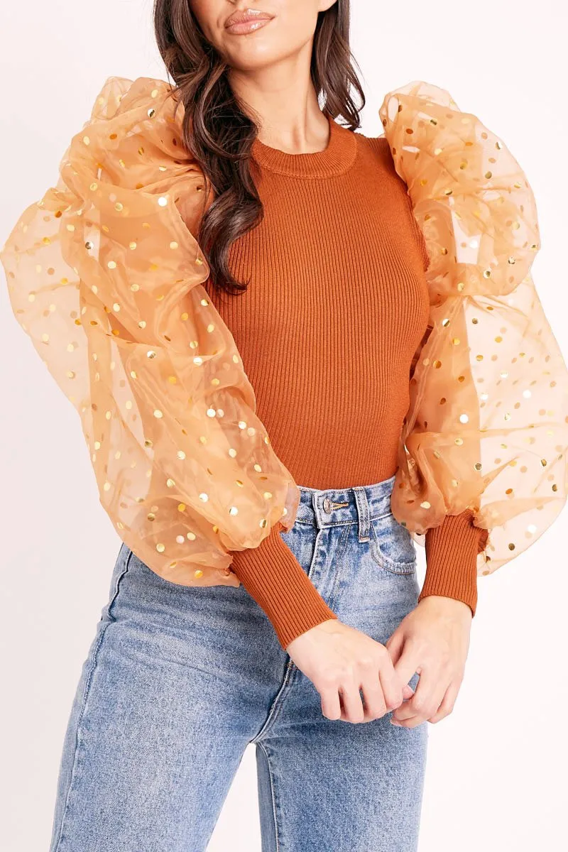 Tan Gold Polka Extreme Puff Mesh Sleeve Top - Daisey