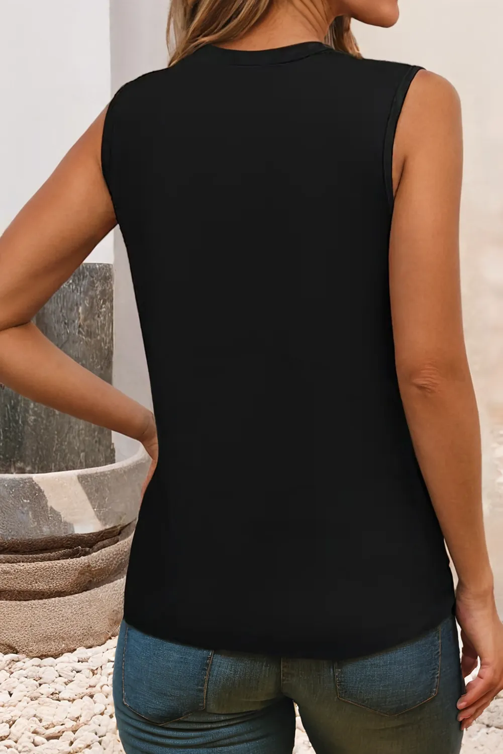 Tank Top  Solid Color Crew Neck Pleated
