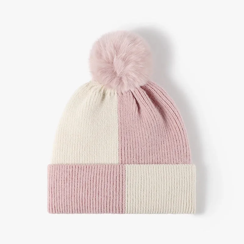 Two Tone Check Pom Beanie - Khaki or Pink
