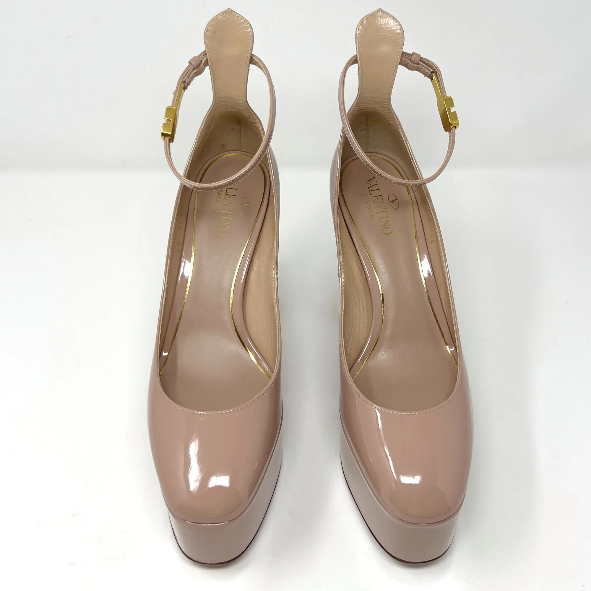 Valentino TanGo V Logo Canelle Tan Patent Leather Round Toe Platform Heels Pumps EU 37.5