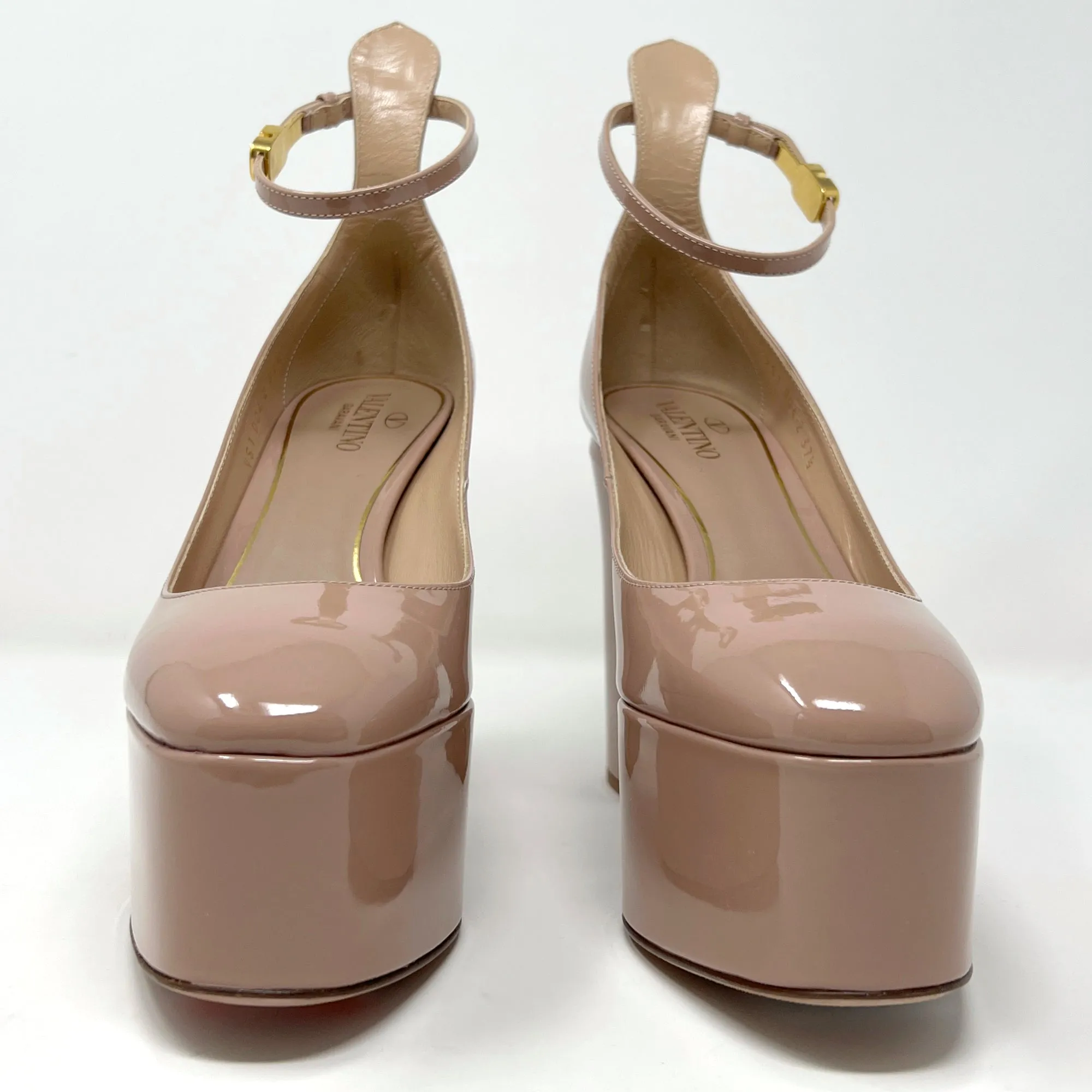 Valentino TanGo V Logo Canelle Tan Patent Leather Round Toe Platform Heels Pumps EU 37.5