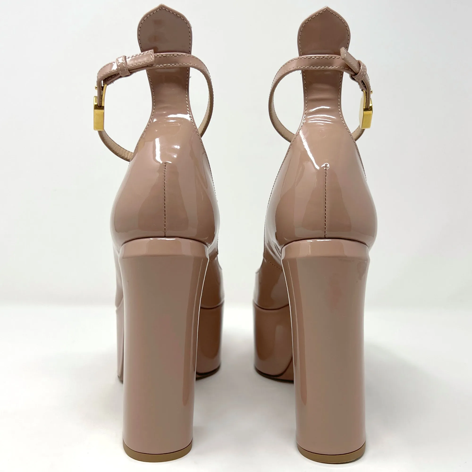Valentino TanGo V Logo Canelle Tan Patent Leather Round Toe Platform Heels Pumps EU 37.5