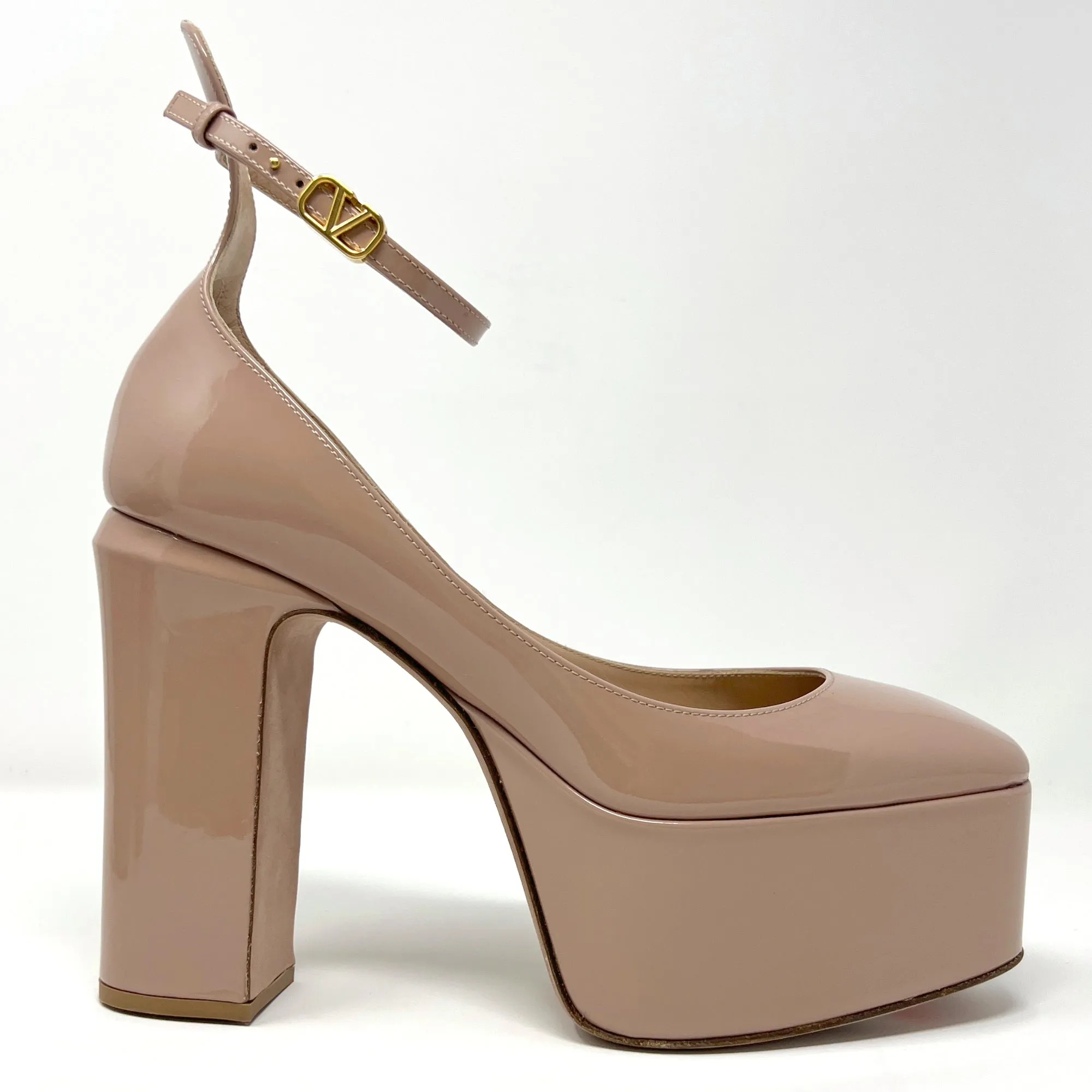 Valentino TanGo V Logo Canelle Tan Patent Leather Round Toe Platform Heels Pumps EU 37.5