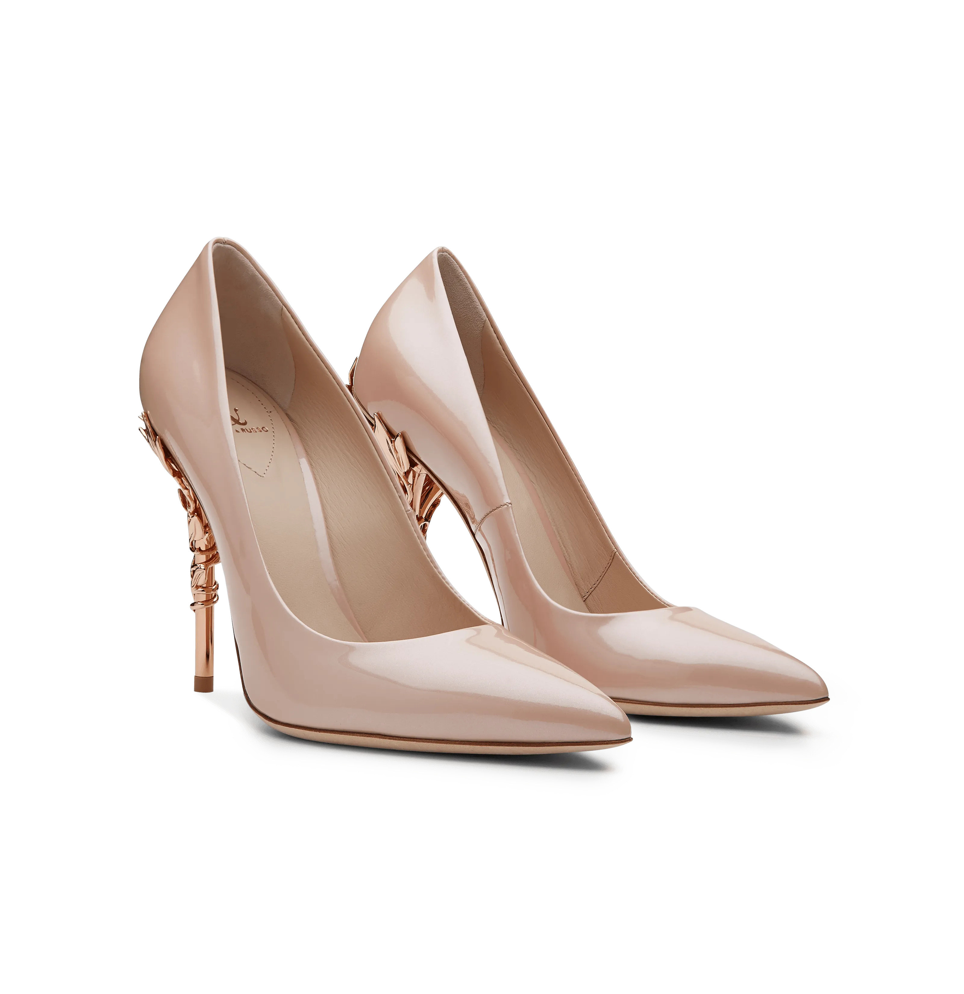 Vintage Pink Leather Eden Heels with Rose Gold Leaves
