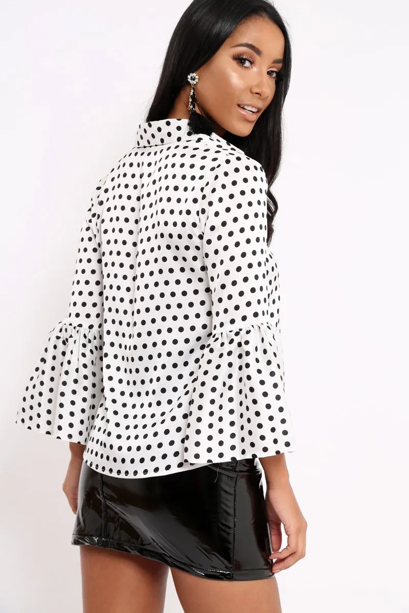 White and Black Polka Dot Shirt with Bell Sleeves - Harper