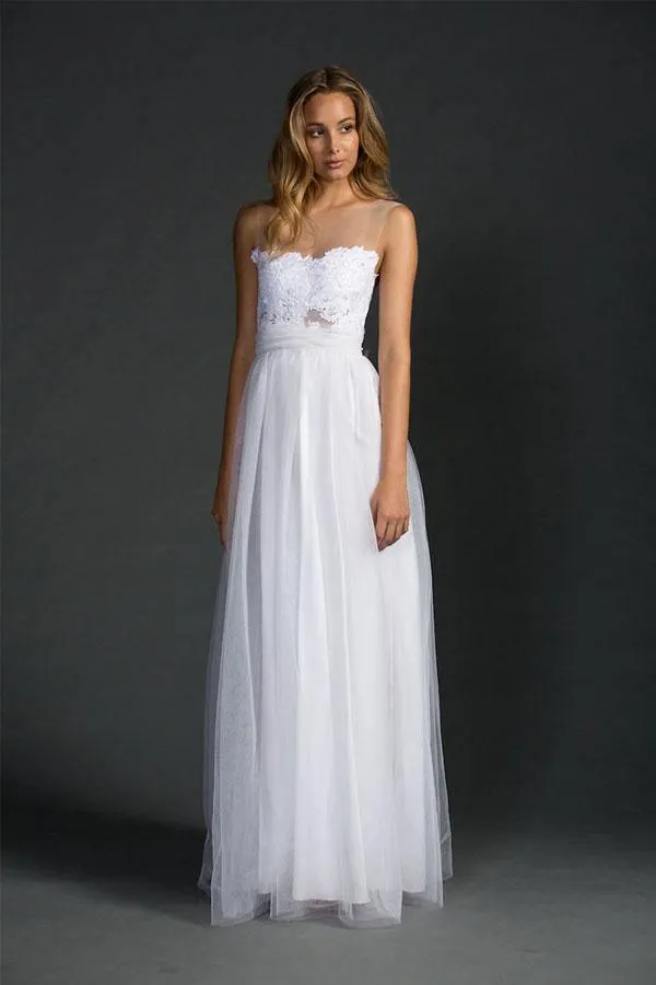 White Beach Sleeveless Floor length A-line Tulle Wedding Dresses  WD175
