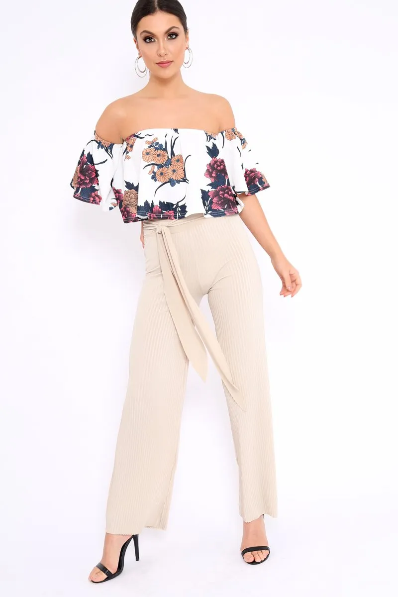 White Floral Print Bardot Crop Top - Jeorgia