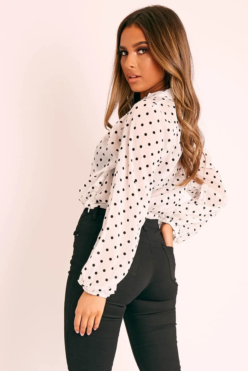 White Metallic Polka Pleated Front Blouse - Cabella