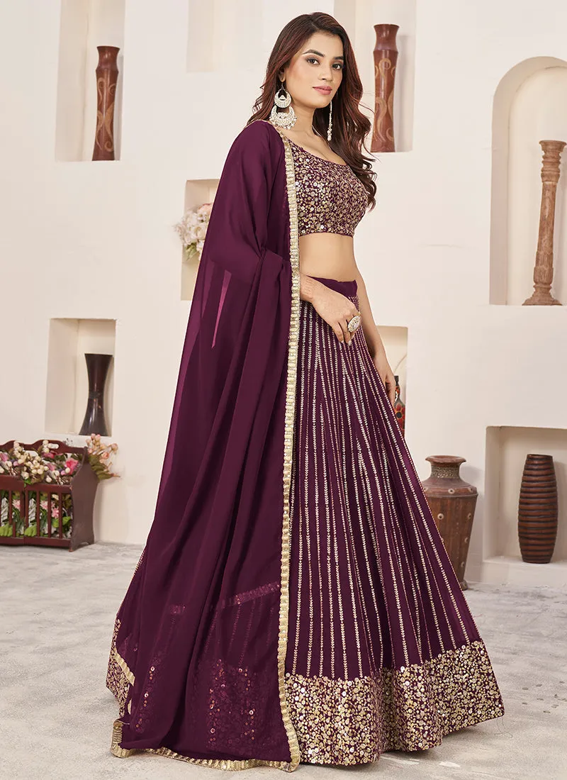 Wine Golden Sequence Embroidery Traditional Lehenga Choli