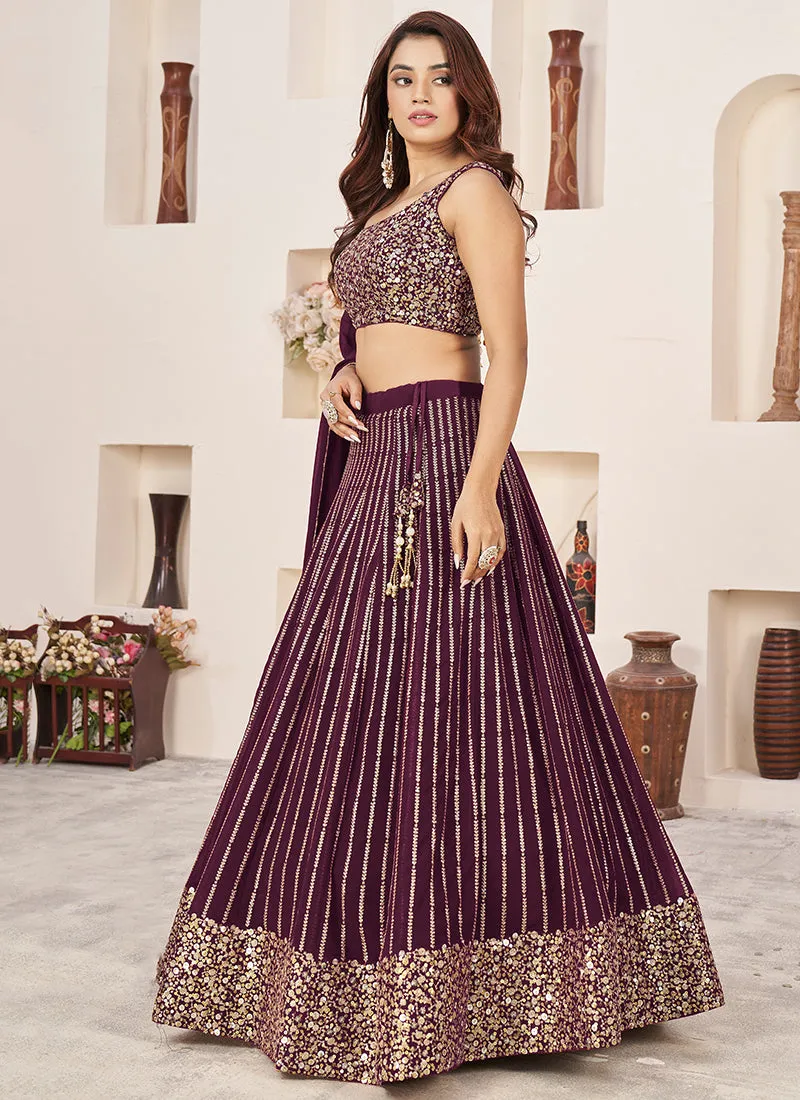 Wine Golden Sequence Embroidery Traditional Lehenga Choli