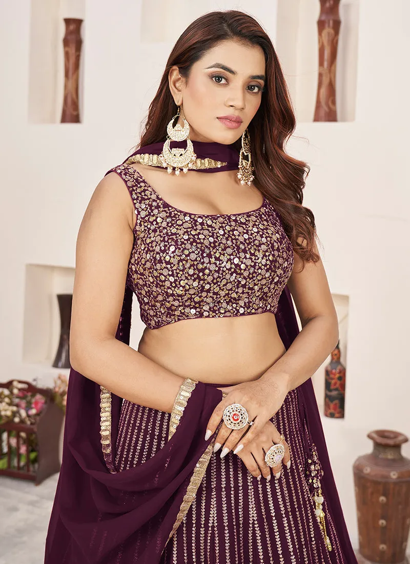 Wine Golden Sequence Embroidery Traditional Lehenga Choli