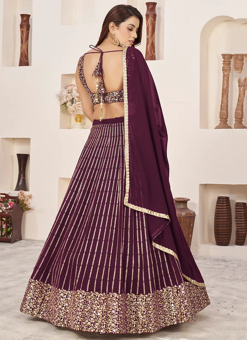 Wine Golden Sequence Embroidery Traditional Lehenga Choli