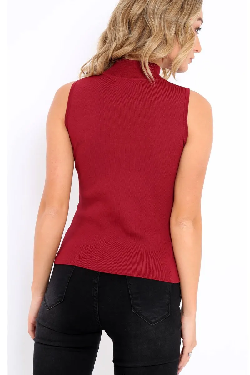 Wine High Neck Ribbed Top - Cicely