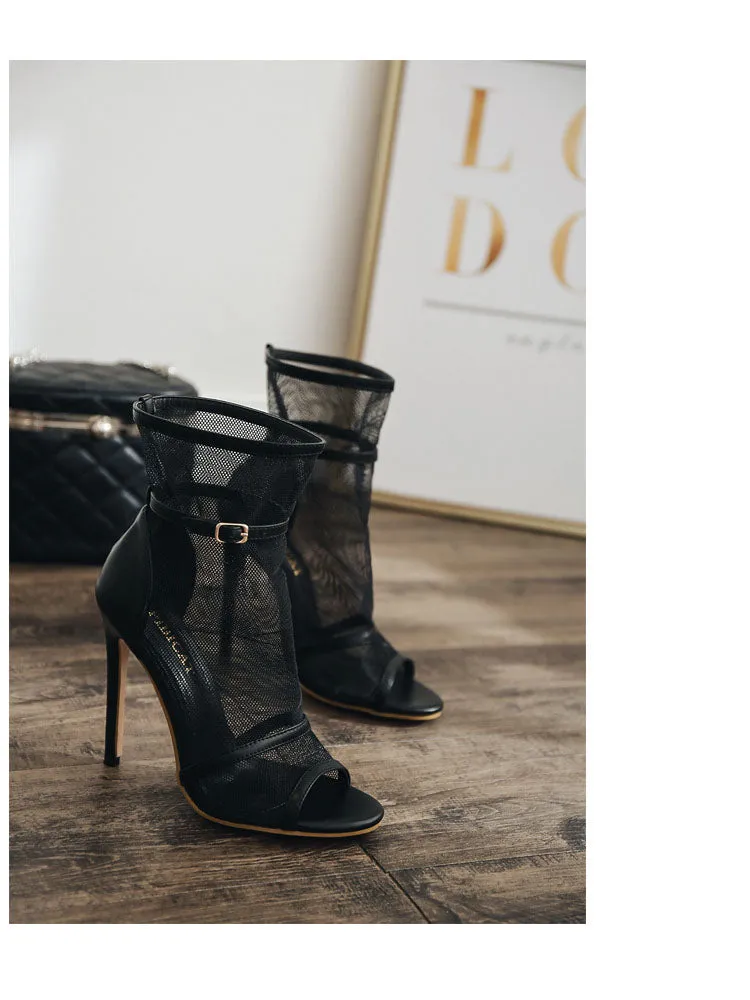 Women's Cool Boots Summer New Fish Mouth Mesh Openwork Stiletto Heels