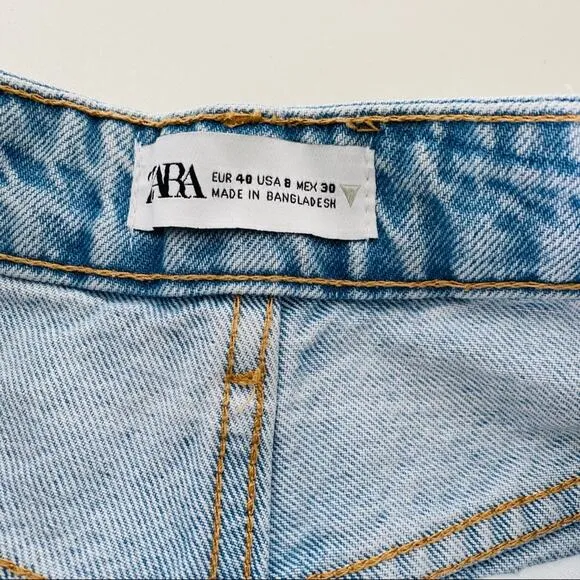 ZARA Light Wash Denim High Rise Mom Straight Jeans Roll Up Hem Vintage Shorts 8
