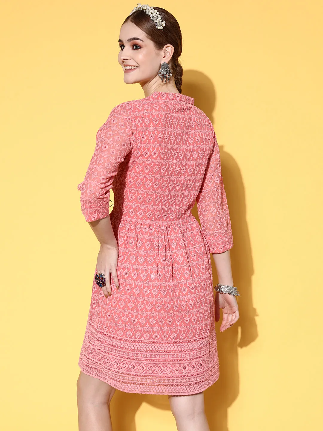Zola Georgette Mandarin Collar Dark Peach Chikankari Embroidery with Sequin Work Midy for Women
