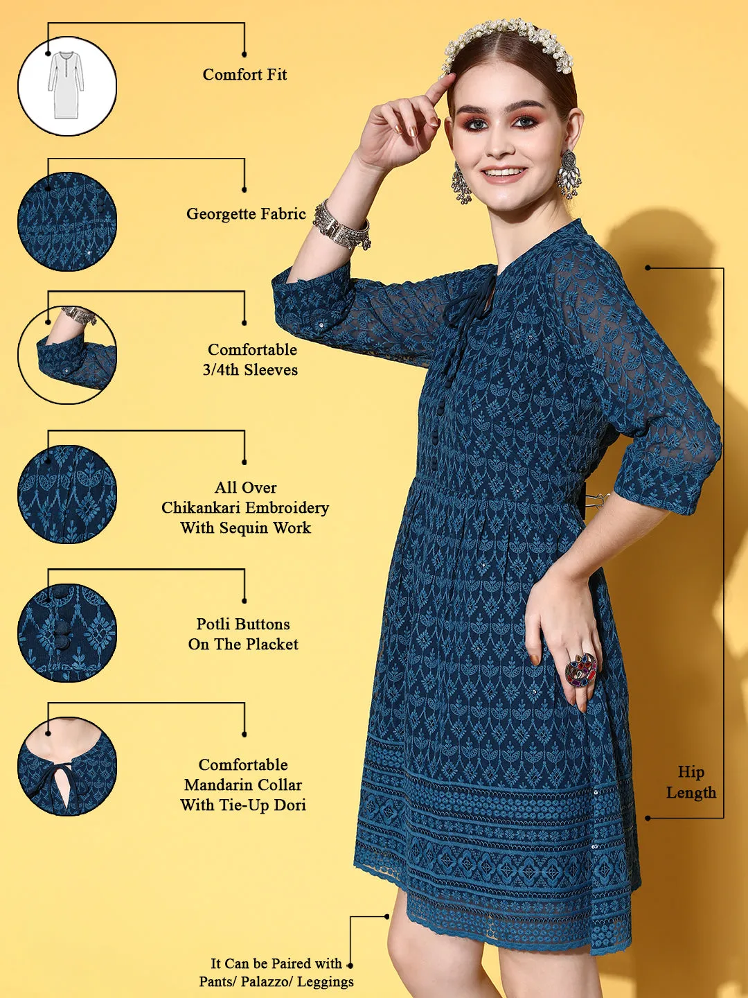 Zola Georgette Mandarin Collar Teal Chikankari Embroidery with Sequin Work Midy for Women